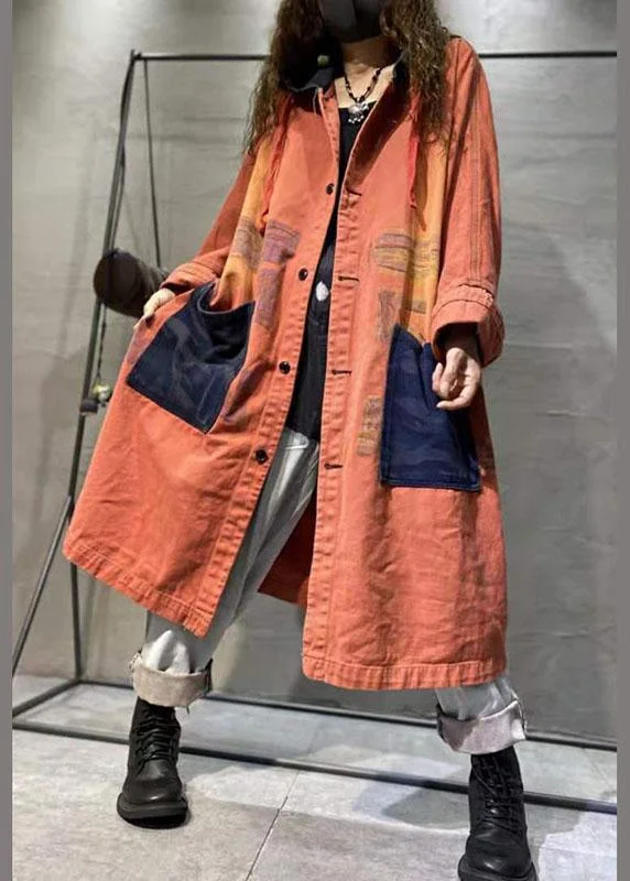 Handmade Orange Pockets Button Casual Fall Denim Coat