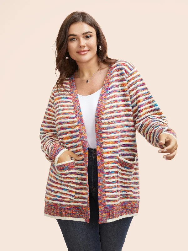 Heather Striped Open Front Pocket Cardigan