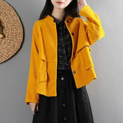 Italian big pockets Fine patchwork coats women blouses yellow Midi jackets