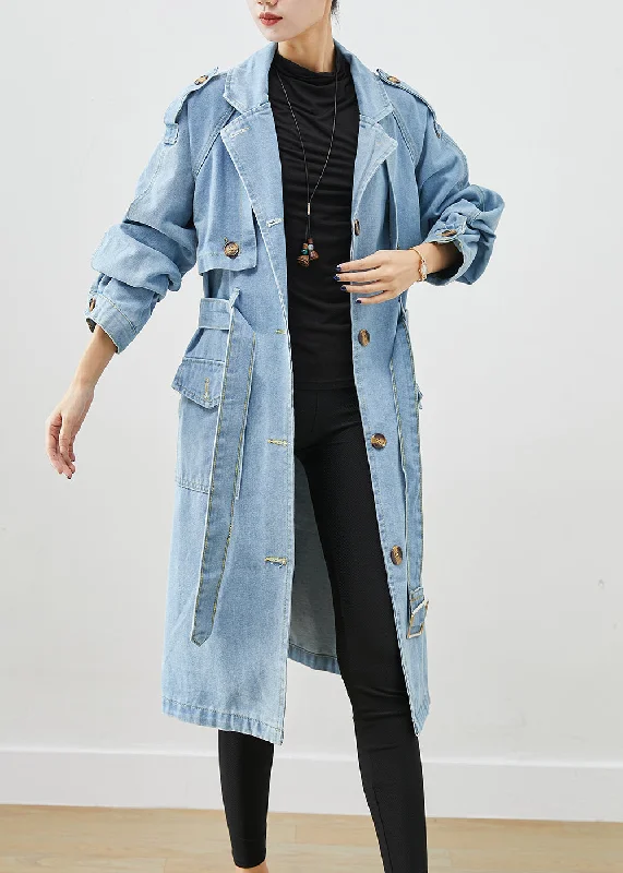 Italian Light Blue Notched Tie Waist Denim Trench Coat Fall