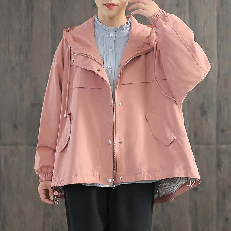 Italian pink cotton Blouse hooded zippered daily fall coats