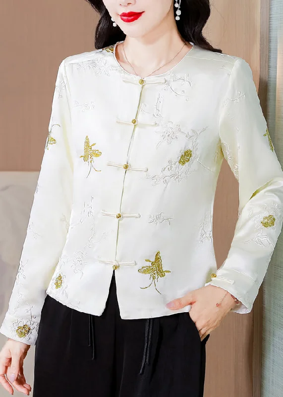 Italian White Embroidered Button Silk Coat Fall