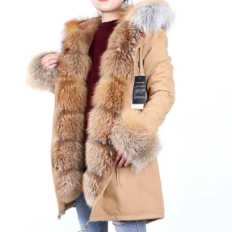 Khaki Color Women's Fox Fur Leather Hooded Long Detachable Coats & Jackets