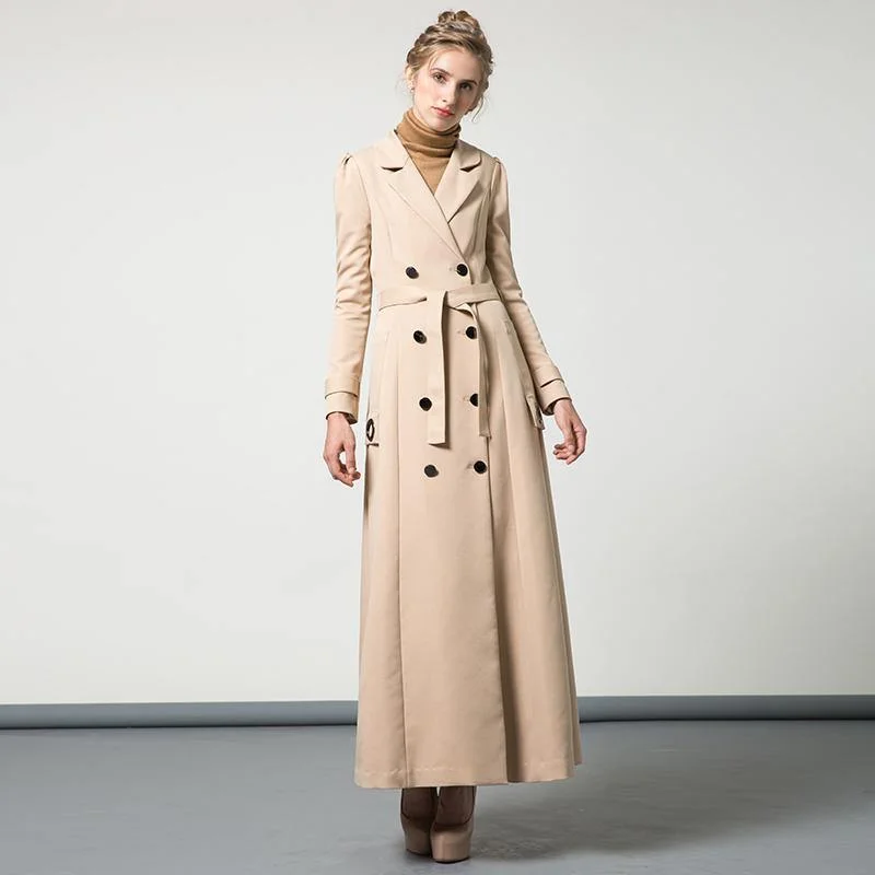 khaki solid color cotton long coat long sleeve tie waist elegant maxi trench coats