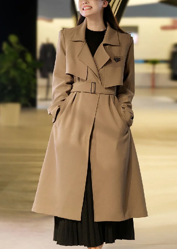 Khaki Spandex Trench Coats Two Piece Set Women Clothing Double Breast Fall