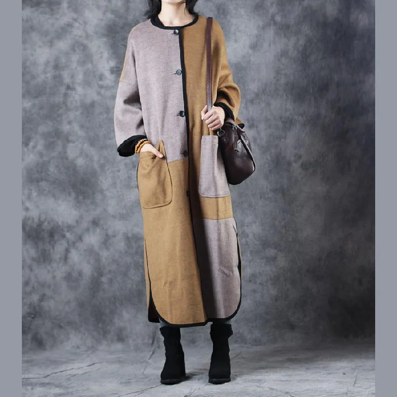 Khaki Wool Coat Casual O Neck Pockets Fashion Patchwork Side Open Long Coats