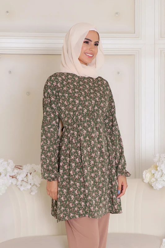 kim Floral Smock Top- Hunter Green