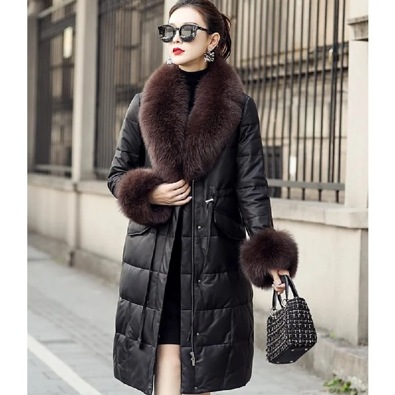 Korean Style Genuine Leather Duck Down Fox Fur Collar Jacket for Women