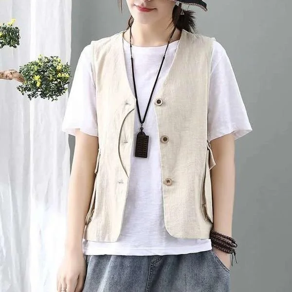 Korean Style Vintage V-neck Single Breasted Loose Casual Female Cotton Linen Vest Coats