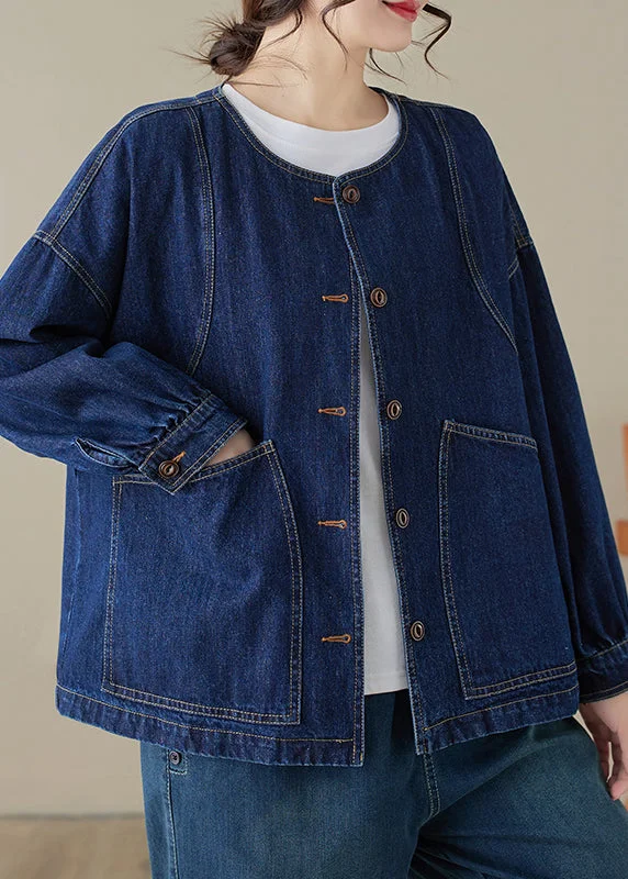 Loose Blue O-Neck Pockets Patchwork Denim Coats Long Sleeve