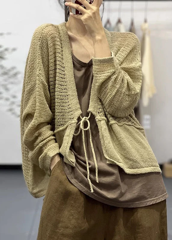 Loose Khaki Lace Up Patchwork Cotton Knit Coats Fall