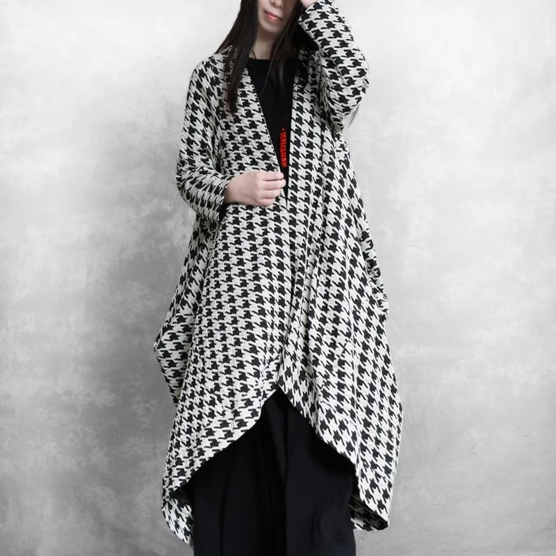 Loose patchwork asymmetric top quality tunics for women black white plaid Art coats fall