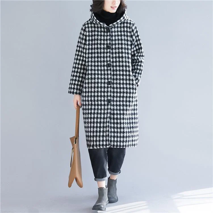 Luxury black Plaid woolen overcoat Loose fitting mid-length coats hooded