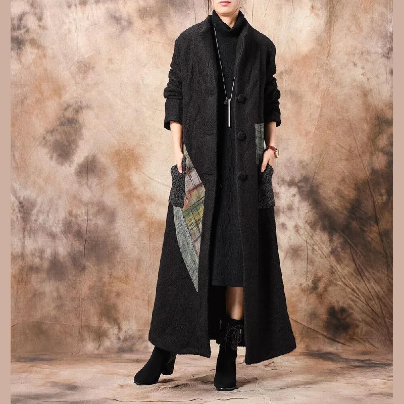 Luxury black Women casual long winter coat patchwork stand collar woolen outwear