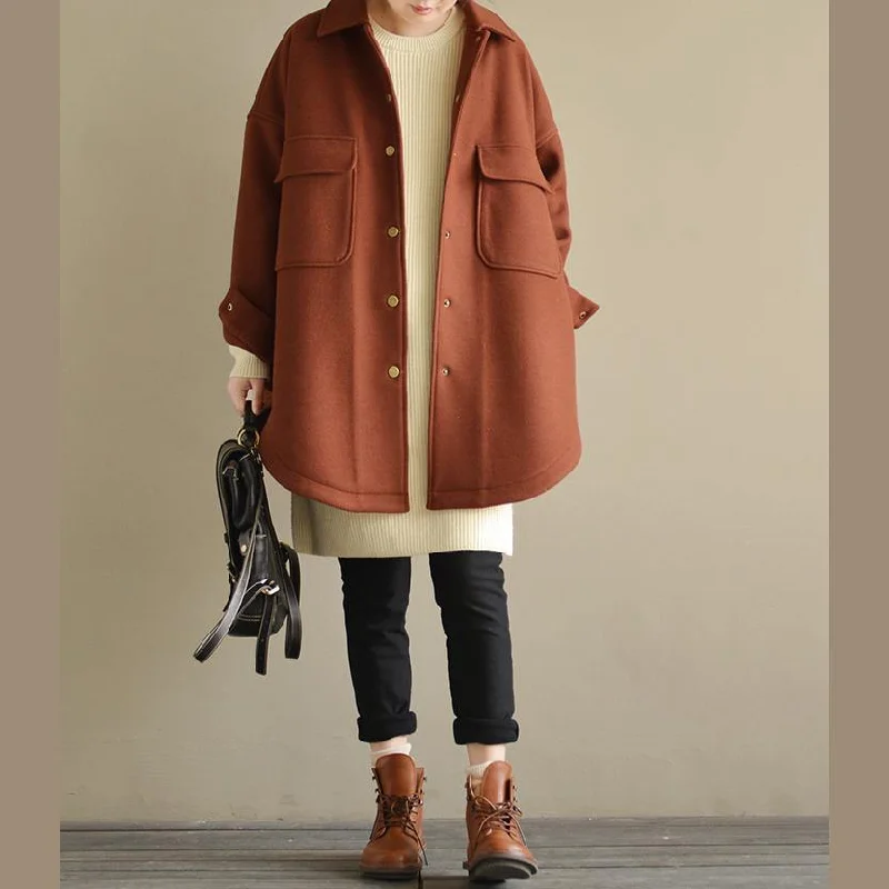 Luxury brown woolen coat Loose fitting casual vintage big pockets outwear