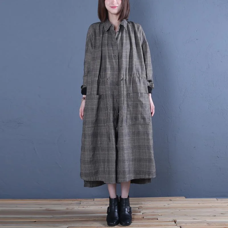 Luxury gray plaid coat oversized long coat fall outwear drawstring