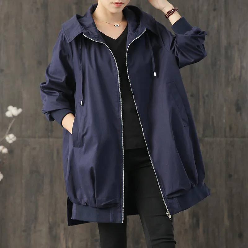 Luxury Loose fitting fall outwear navy hooded zippered drawstring Coats Women