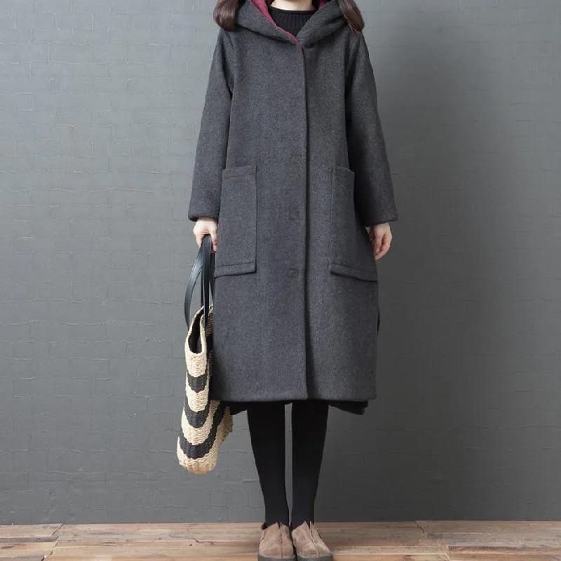 Luxury oversized mid-length coats jacket black hooded side open Woolen Coats