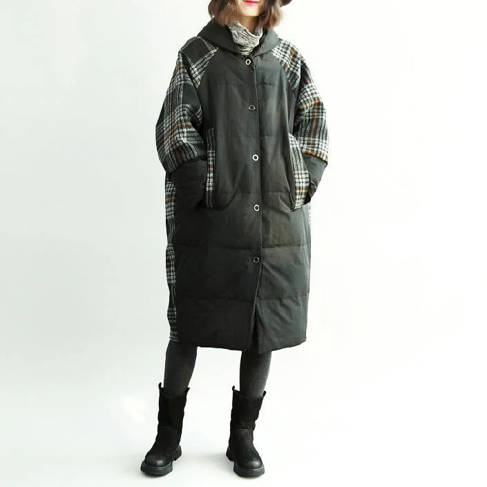 Luxury plaid patchwork down overcoat Loose fitting down overcoat Elegant cotton quilted trench coat