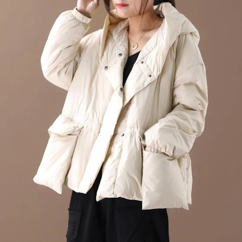 Luxury white warm winter coat Loose fitting winter jacket hooded Jackets big pockets