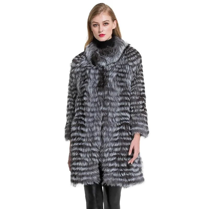 Luxury Women's Knitted Real Silver Fox Fur Long Winter Coats & Jackets