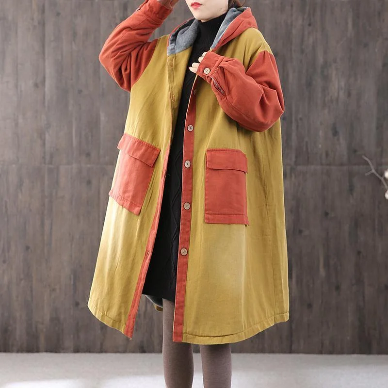 Luxury yellow Parkas oversized coats hooded patchwork coat