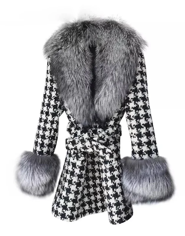 Midi Length Houndstooth Black Fox Fur Trim Belted Wool Jacket