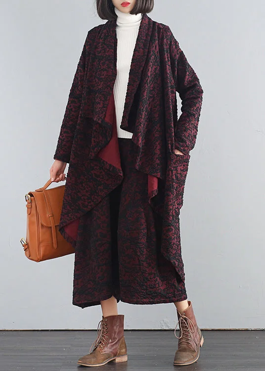 Modern Mulberry V Neck Print Trench Coats And Crop Pants Two Piece Set Fall