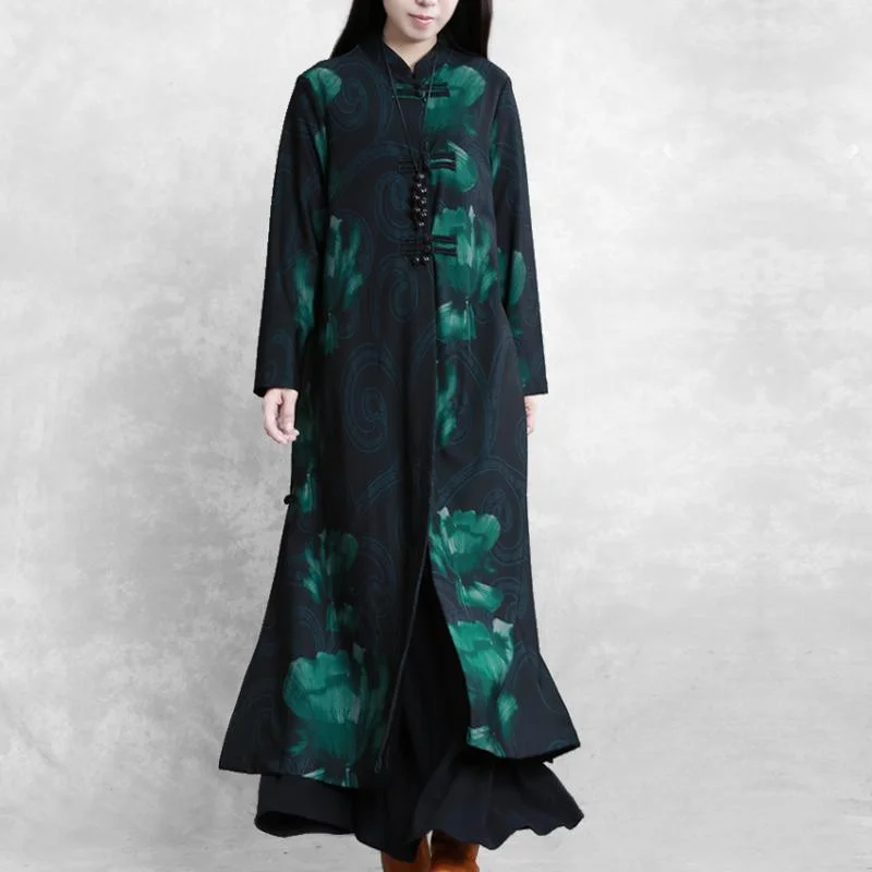 Modern stand collar Chinese Button top quality clothes blackish green print baggy coats fall