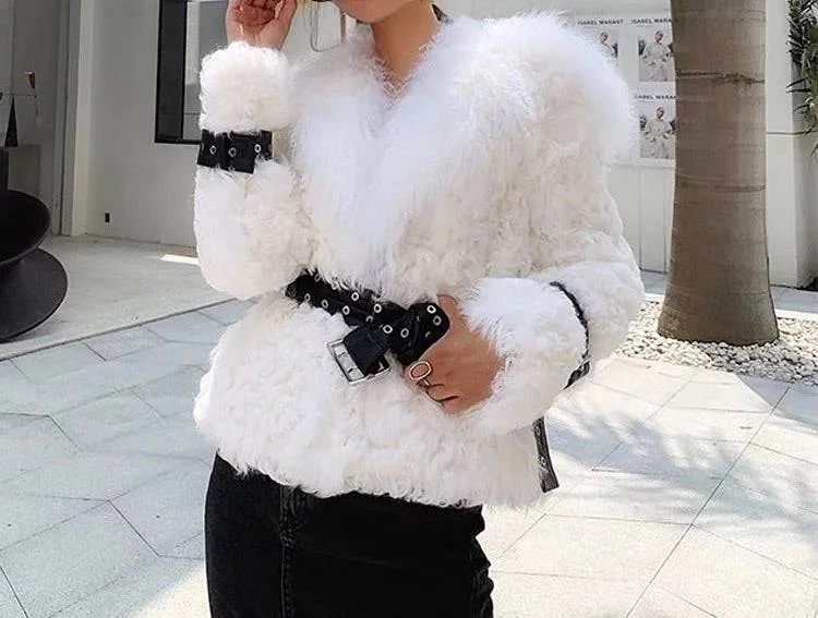 Mongalian Lamb Fur Sheepskin Leather Belted Coat