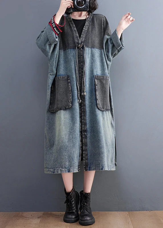 Natural V Neck Patchwork Pockets Denim Maxi Trench Coat Fall