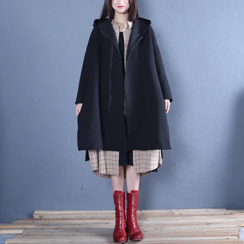 New black Coat Women oversized medium length coat fall coats hooded