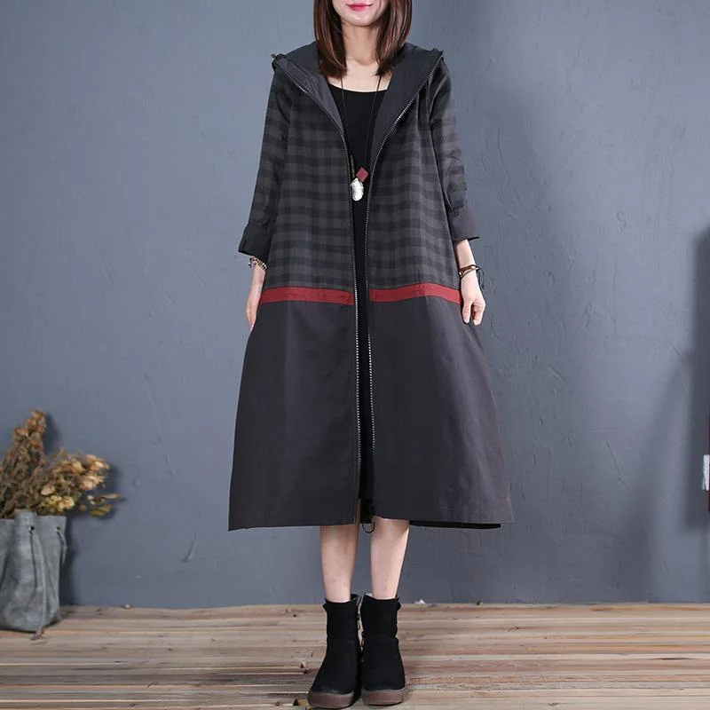 New black hooded coat for woman Loose fitting long  fall coat patchwork