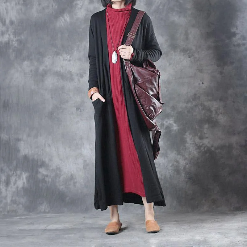 new black side open knit coats loose long sleeve v neck wrap coats