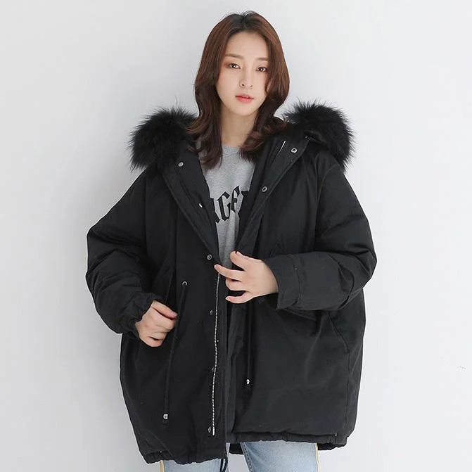 New black warm winter coat Loose fitting back open womens parka fur collar coats