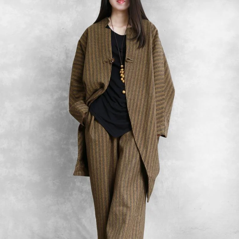 New chocolate striped Woolen Coats Loose fitting medium length coat fall jacket asymmetric