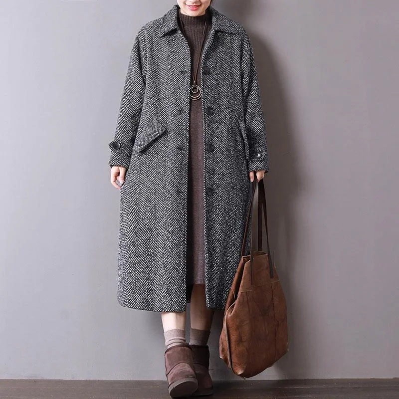 New gray coats casual long winter coat turn-down Collar outwear Button Down long coat