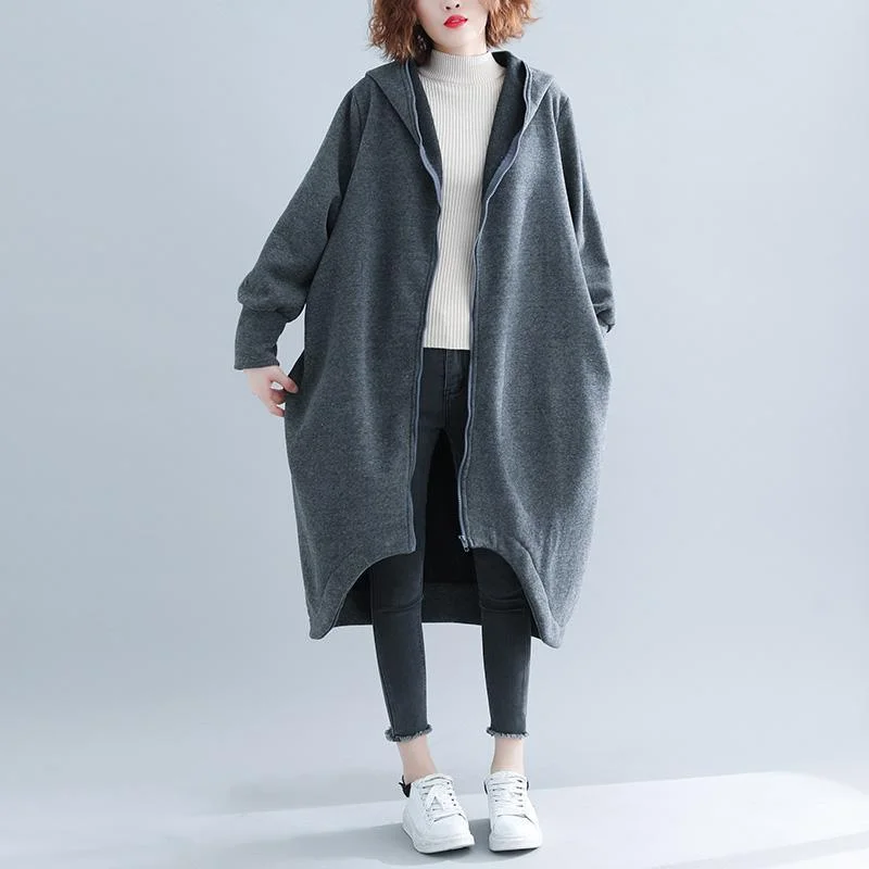 New gray Woolen Coat Women casual long winter zippered jacket