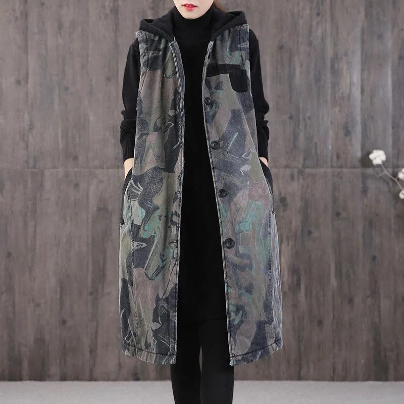 New Loose fitting winter coats gray print hooded pockets winter sleeveless parkas