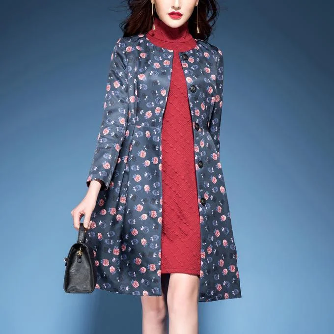 new navy prints cotton blended trench coat slim fit elegant o neck coats