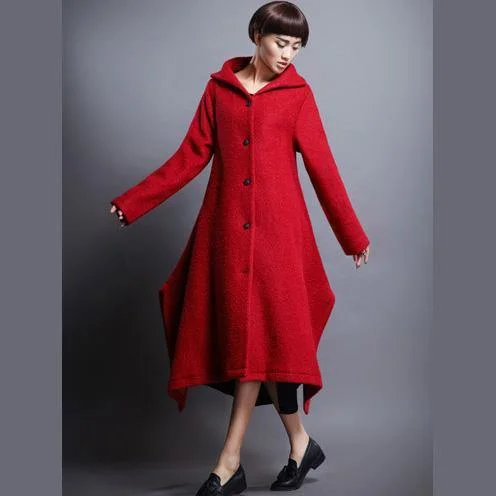 New red wool coat for woman casual long stand collar patchwork coats