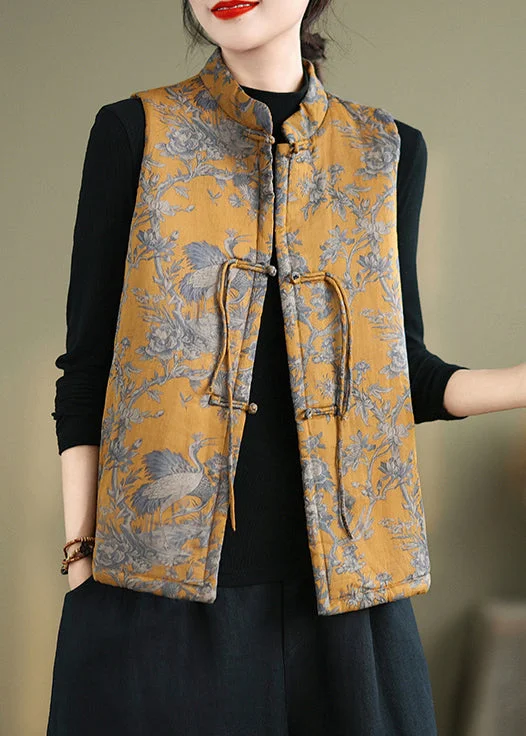 New Yellow Print Chinese Button Cotton Filled Waistcoat Winter