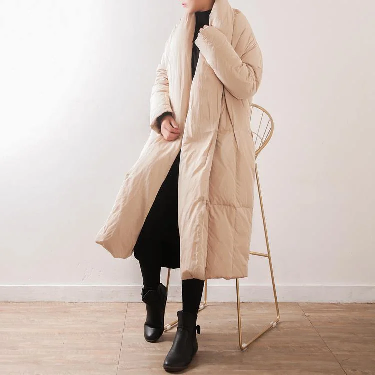 nude quilted coat Loose fitting V neck thick down jacket tie waist pockets coats