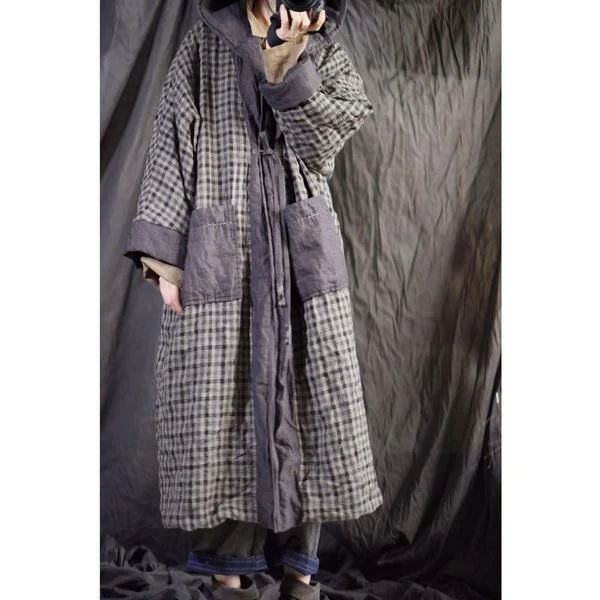 Omychic Linen Plaid Hooded Parkas Long Coat Female Padded Outerwear