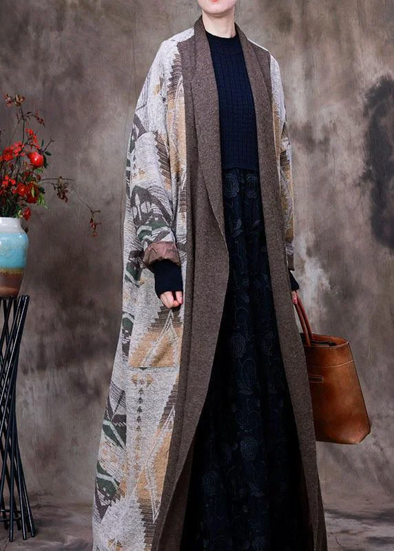 Organic Coffee V Neck Print asymmetrical design Patchwork Fall Woolen Coat Long sleeve