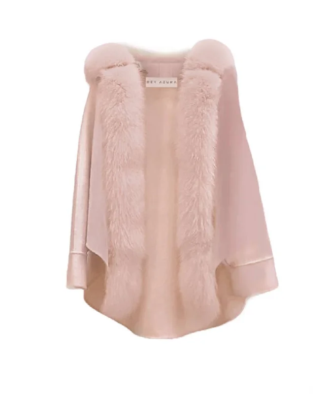 Oversized Australian Wool Fox Fur Trim Poncho In Pink