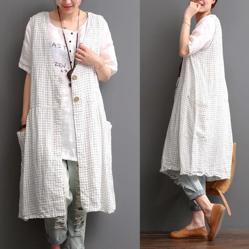 Plaid linen tank dress sleevelss summer linen vest cardigan coat