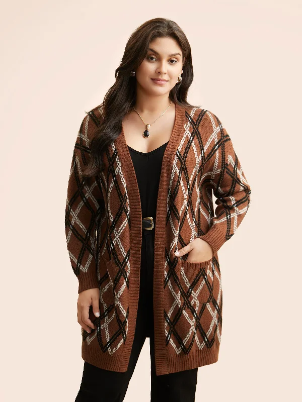 Plaid Pocket Drop Shoulder Sleeve Cardigan