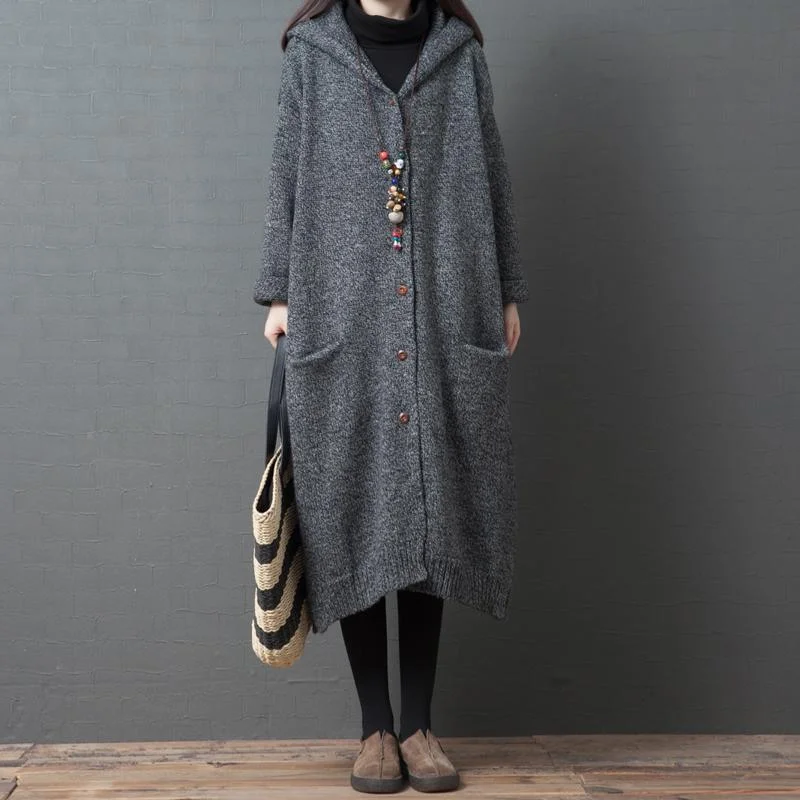 Pullover winter knit outwear Loose fitting gray hooded Button knit jacket