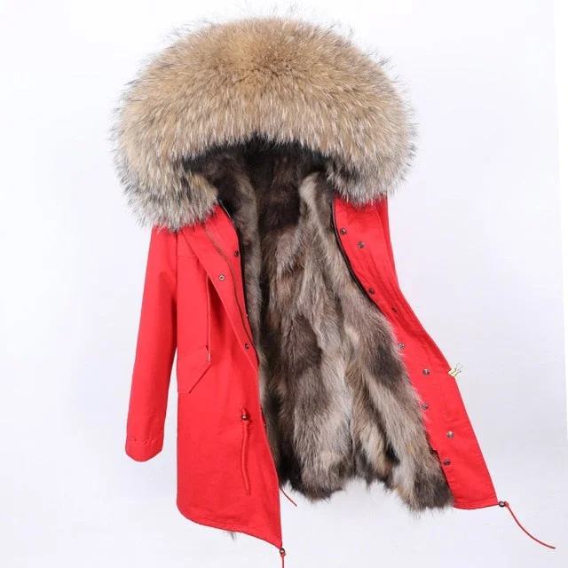 Red Long Winter Jacket for Women with Contrast Natural Raccoon Fur Hood